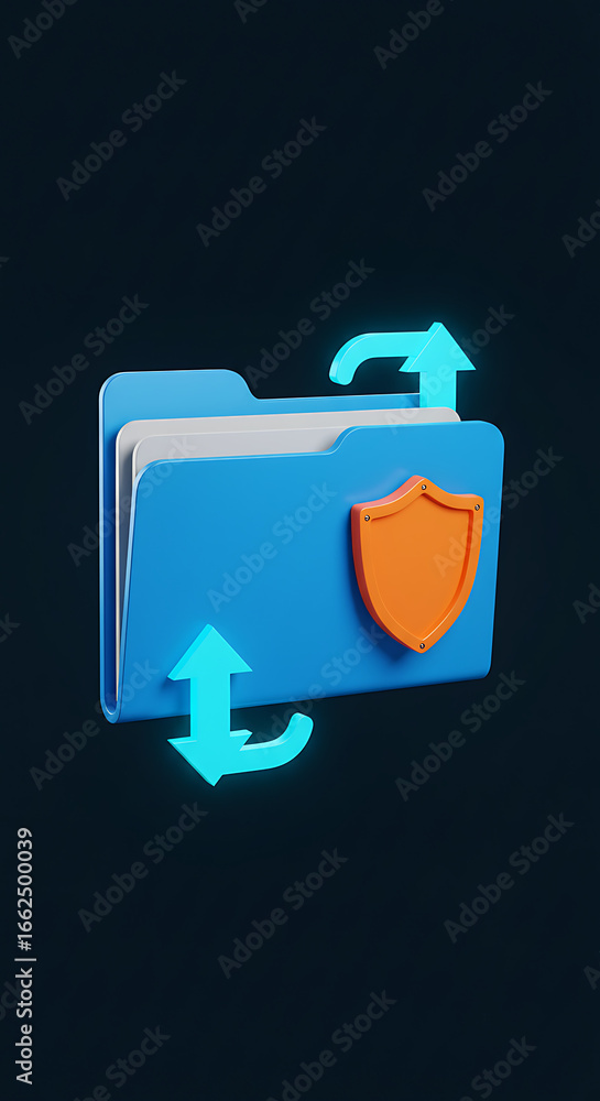 Poster secured file transfer: digital illustration of a blue folder, complete with a shield, signifying a s