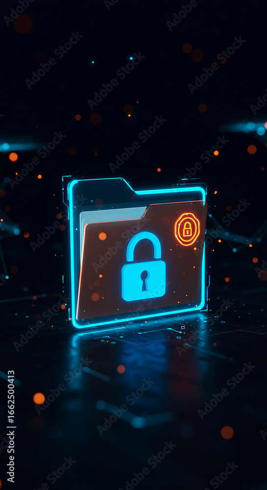 Poster digital fortress: neon folder with glowing lock, symbolizing data security.