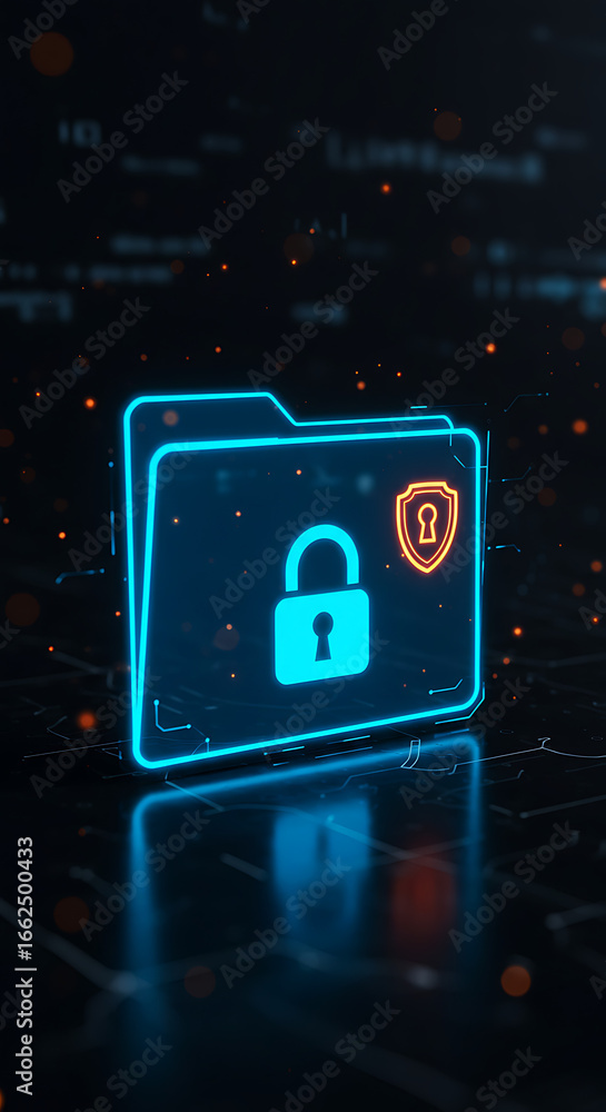 Poster digital security symbol: a glowing digital representation of a folder protected by a lock symbol. th