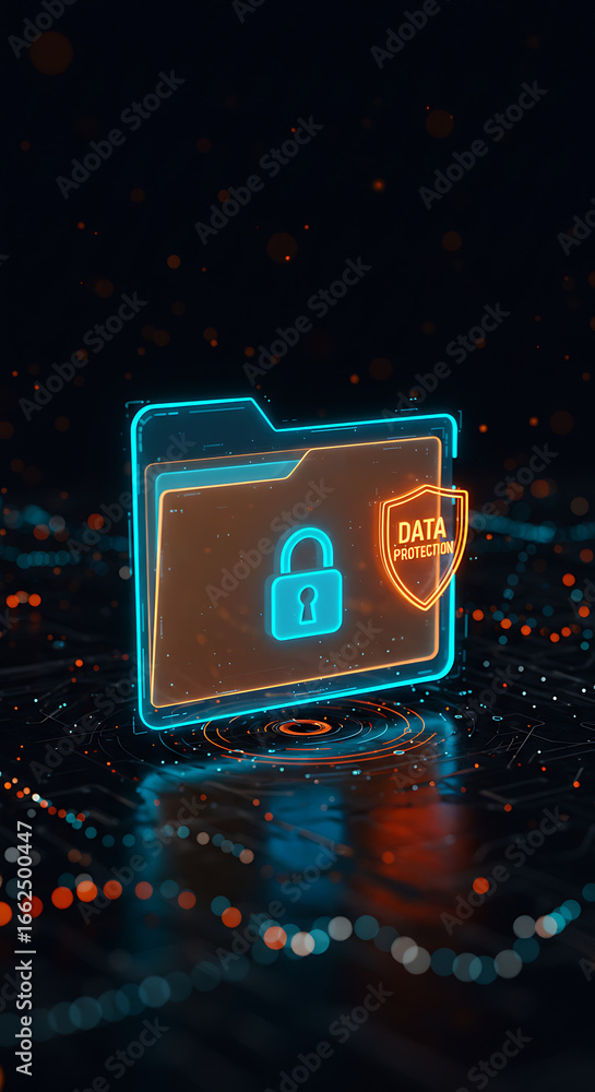 Poster digital fortress: a stylized representation of secure data, featuring a glowing folder with a padloc