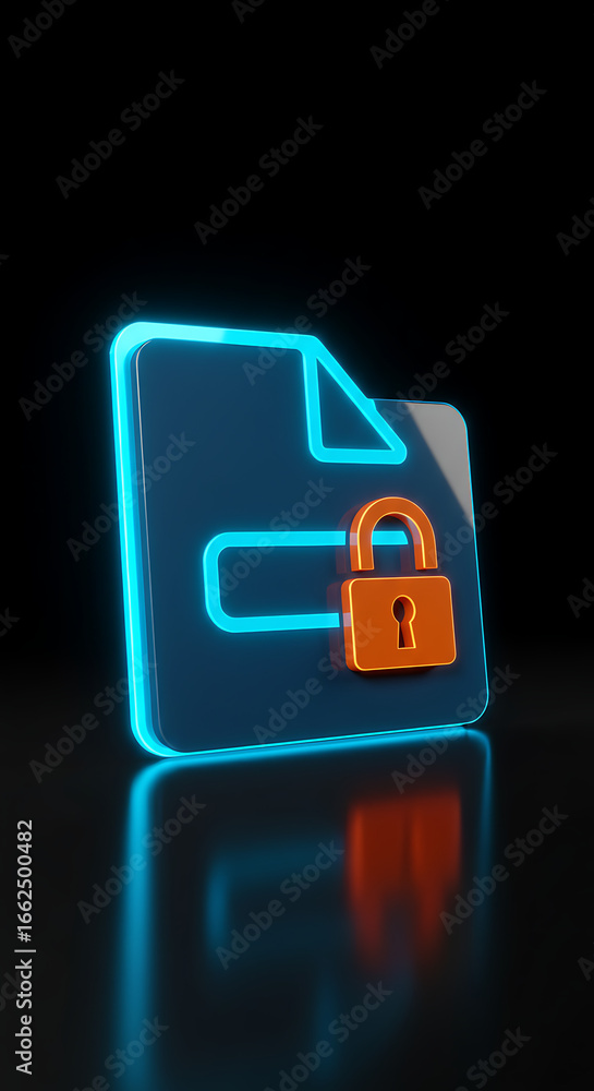 Poster secured file: a close-up of a luminous digital icon of a secure folder with a lock against a dark ba