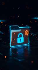 Naklejka premium Digital Fortress: Neon folder with glowing lock, symbolizing data security.