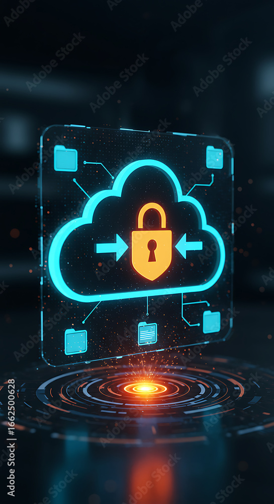 Poster cloud security: a vibrant image displaying a digital cloud overlaid with a padlock, symbolizing secu