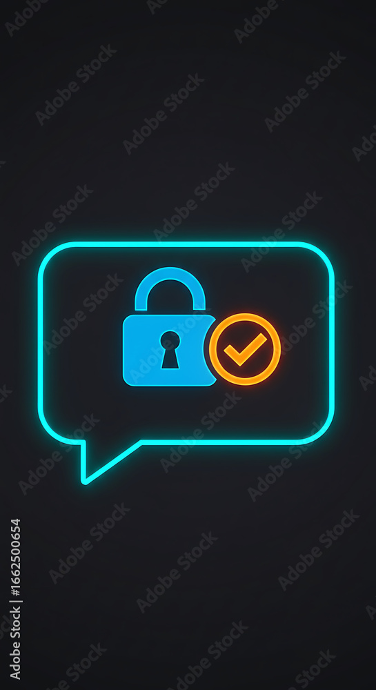 Poster secure chat bubble icon: a digitally rendered icon showcasing a blue padlock and a checkmark nestled