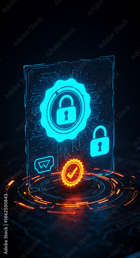 Poster digital encryption: a glowing digital display showcases a lock icon surrounded by a shield, symboliz