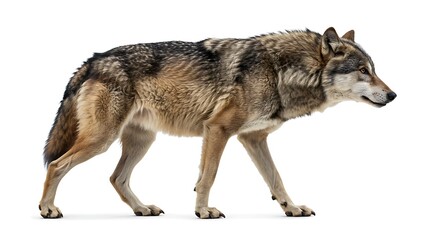 Obraz premium Grey Wolf Walking Profile Against White Background