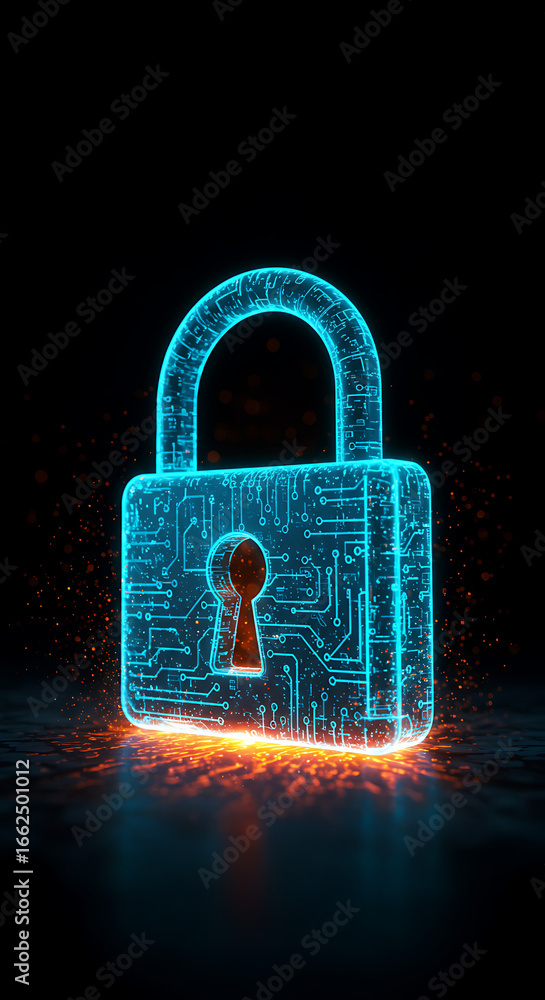 Poster digital security: a captivating image features a neon-lit padlock, vividly representing digital secu