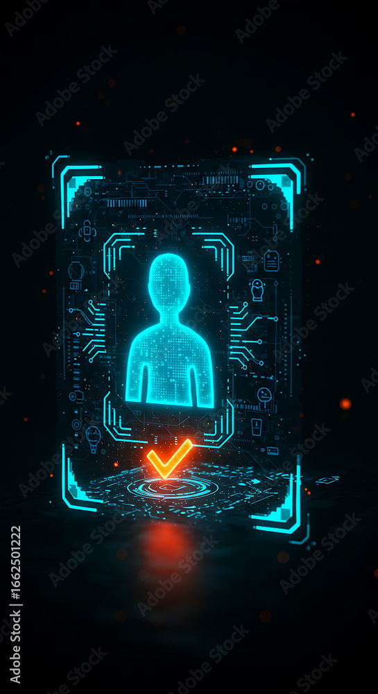 Poster digital identity verification: futuristic neon graphic representing identity verification. cyberneti