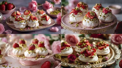 Fototapeta premium A collage showcasing four variations of meringue nests topped with sliced strawberries and chopped pistachios, elegantly presented on pink and gold 