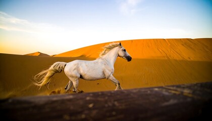 White horse running in desert dunes
