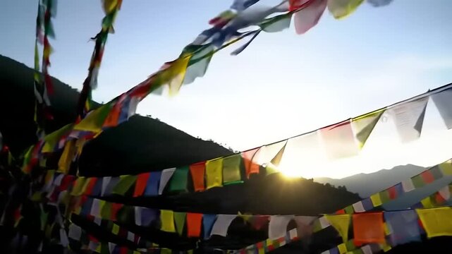 Colorful prayer flags with mountain sunrise.