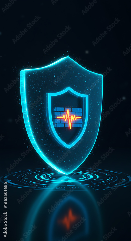 Poster digital shield of data security: an illustrative portrayal of a luminous digital shield, pulsating w