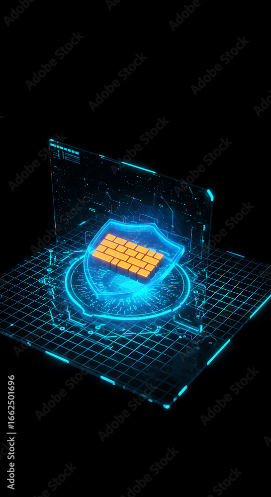 Poster cyber security shield: a digital representation of cyber security featuring a glowing shield encompa