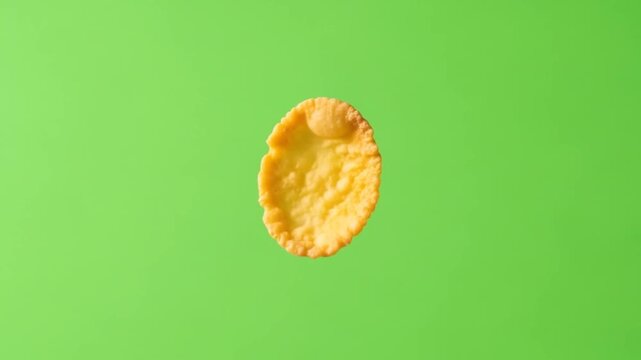 Crispy Corn Chip Falling Against Bright Green Background