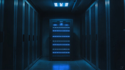 Futuristic data center server room with glowing lights, representing cloud computing, storage technology, cybersecurity, and advanced network infrastructure systems