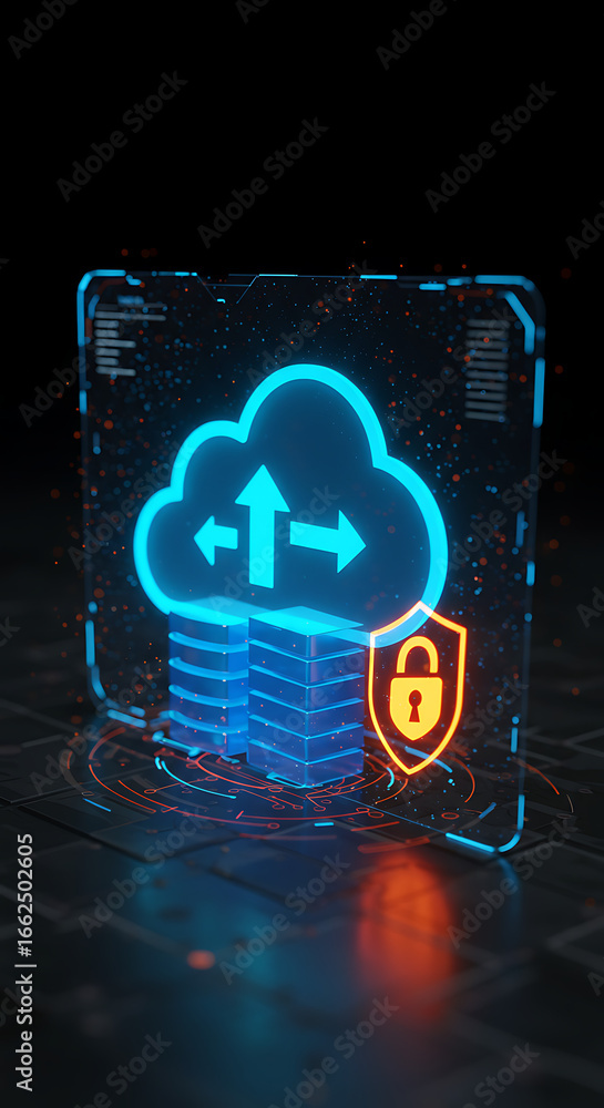 Poster cloud security and data protection: a striking 3d illustration showcases a digital cloud and data se