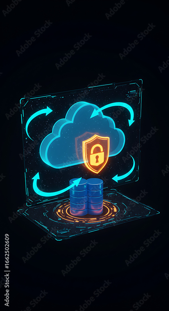 Poster cybersecurity cloud: a digital rendition of a secured cloud, encompassing data storage and protectio