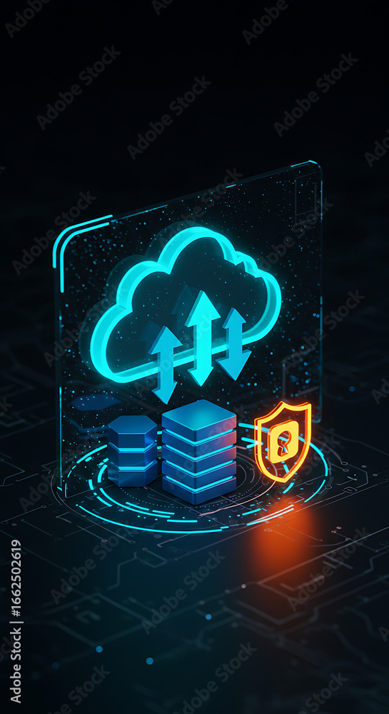 Poster digital cloud security: a futuristic representation of cloud data security, featuring a luminous dig