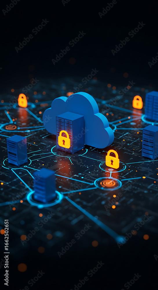 Poster cybersecurity: illuminated cloud server icons and network architecture symbolizes secure and reliabl