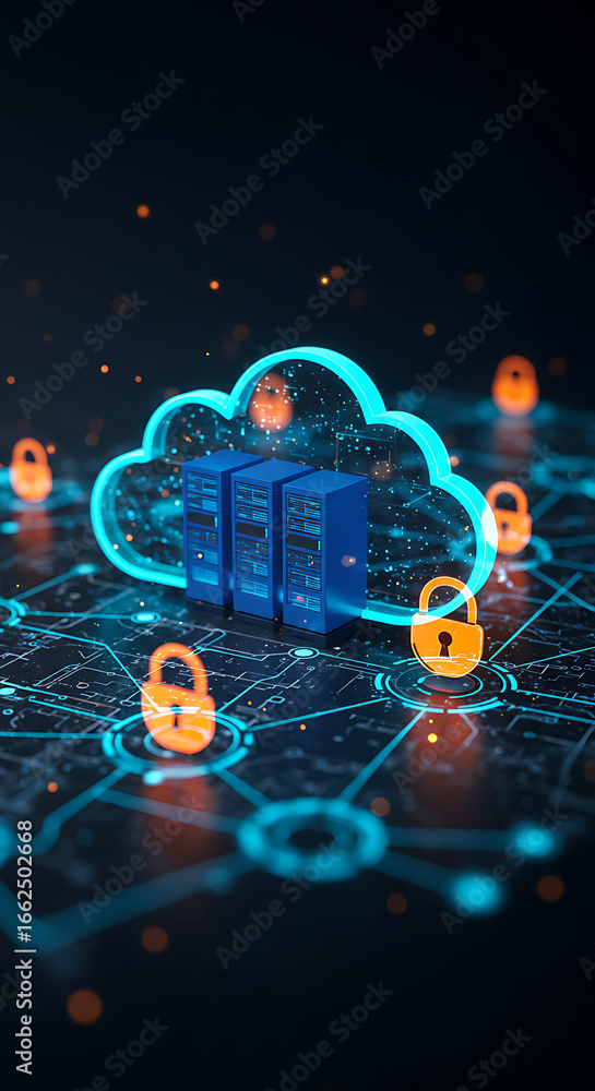 Poster cloud data fortress: a striking digital depiction showcases secure cloud computing, with a luminous 