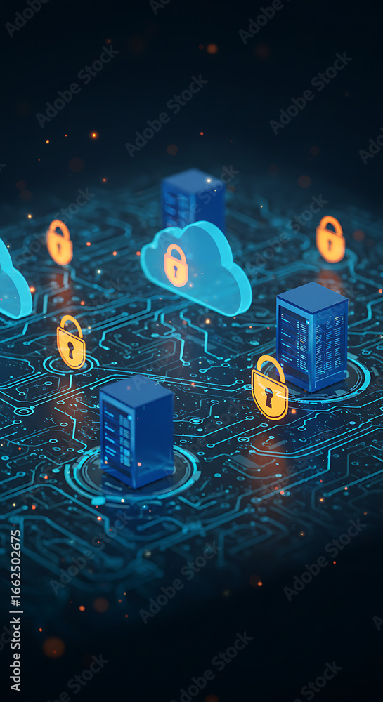 Poster secured cloud data visualization: a digital rendering showcases a network of interconnected servers 