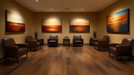 Modern waiting area with comfortable seating and abstract art