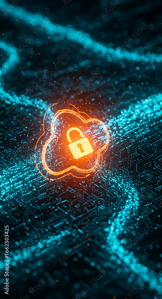 Poster cloud security: secure cloud storage concept represented by an illuminated padlock symbol within a d