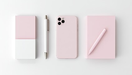 Pink and white stationery and phone, minimalist