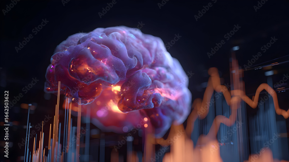 Aufkleber glowing brain with data streams abstract digital art
