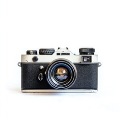 Vintage 35mm camera, white and black, isolated on white background