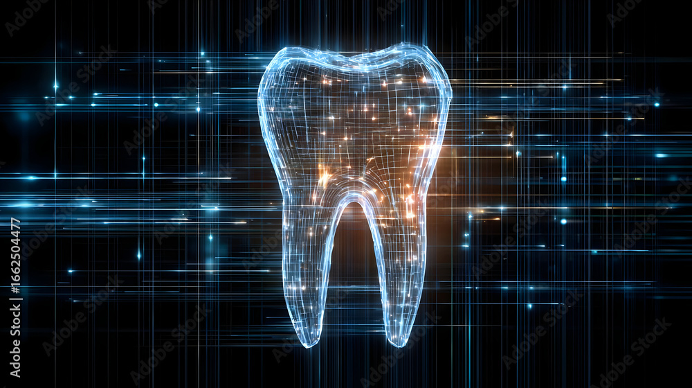 Poster glowing digital tooth abstract network background