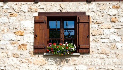 Rustic stone wall with wooden window shutters and flowers