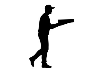 Silhouette of pizza delivery man holding box.