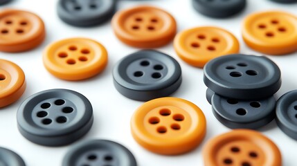 Array of Circular Sewing Buttons Black and Orange Fashion on a White Surface