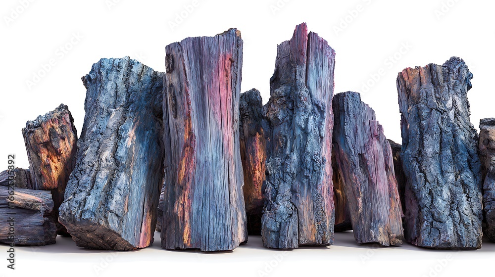Poster array of weathered tree trunks with blue and red wood grain on white surface