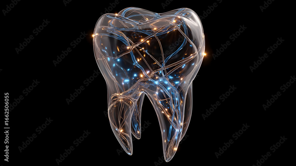 Poster glowing network lines on transparent tooth 3d render