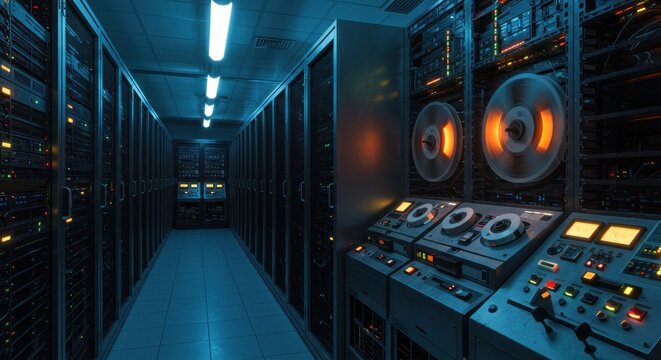 Retro Data Center: Spinning Reels and Server Racks in Cool Blue Light