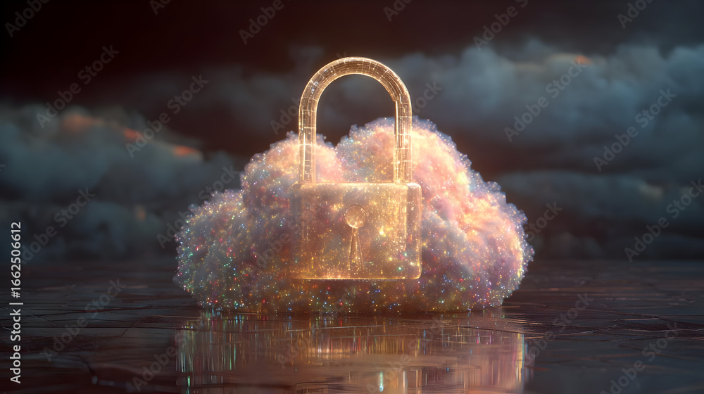 Poster glowing padlock on a sparkly cloud: digital security concept