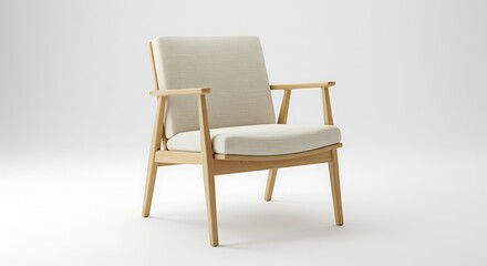 Minimalist Wooden Armchair with Cream Upholstery on a Clean White Background