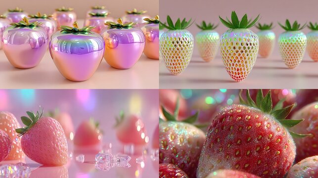 A digital collage showcasing iridescent, stylized strawberries in various arrangements and levels of detail against pastel pink backgrounds with bokeh effects