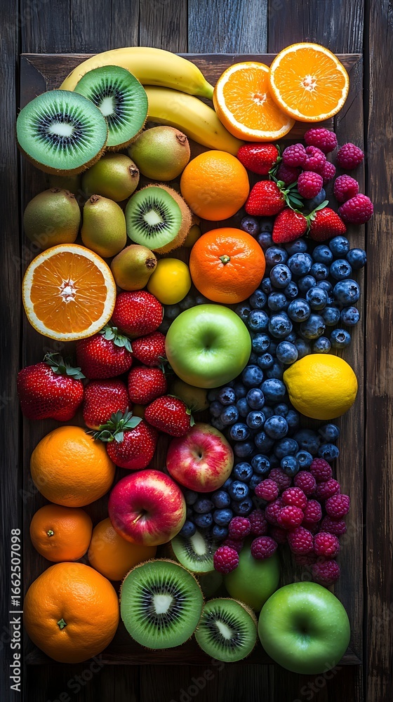 Sticker assorted colorful fresh fruits on rustic wood table arrangement from overhead view