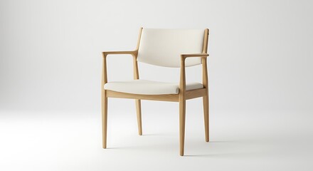 Modern armchair with light wood frame and white fabric upholstery on white background