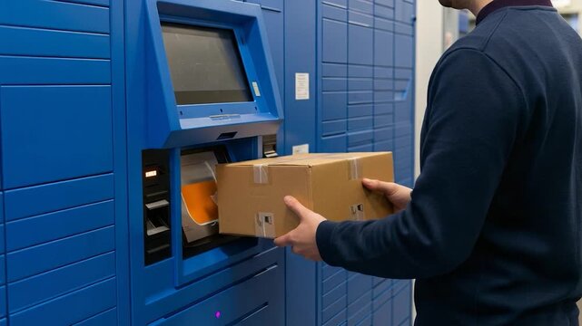 A person retrieves a cardboard box from a blue automated package locker.