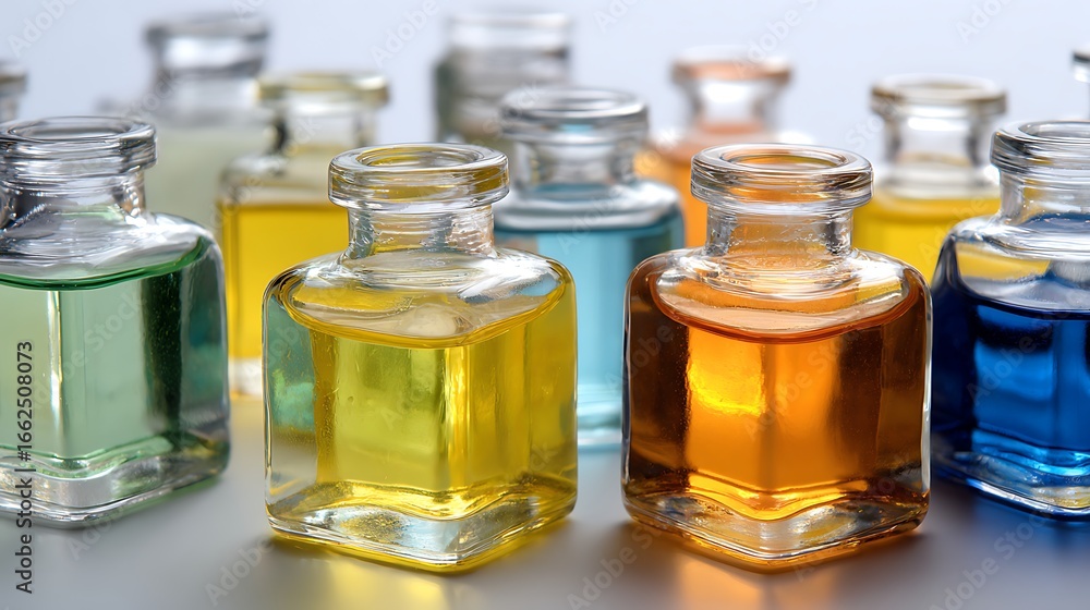 Poster assorted square glass bottles with colorful liquids on a white surface