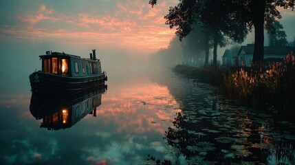 Foggy canal with boat at dawn