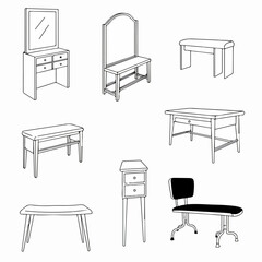 Collection of hand-drawn line art illustrations depicting various furniture pieces like benches, tables, and a vanity, suitable for interior design concepts.