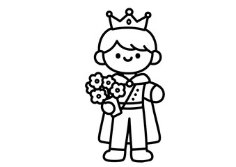 Kawaii Prince Holding Bouquet Line Art