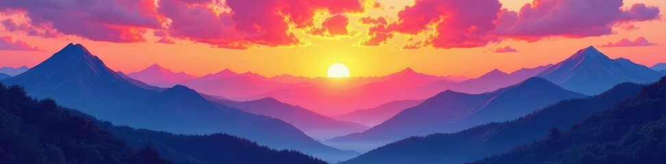 Obraz premium Lush watercolor mountains, vibrant sunset sky, tranquility, vibrant, artwork