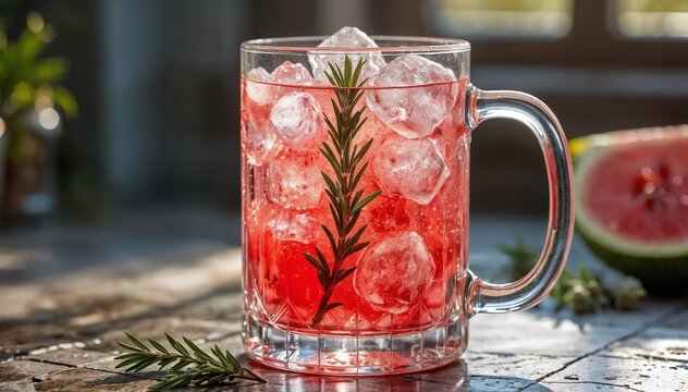 Zumo de sand&iacute;a y romero en taza de cristal con esferas de hielo gigantes, luz de la ma&ntilde;ana