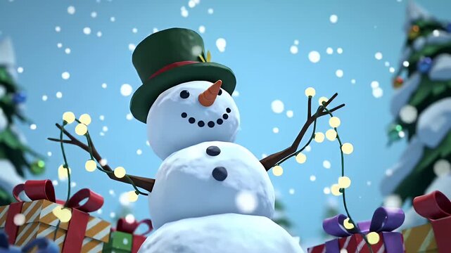 Smiling Snowman with Green Hat in Snowy Scene with Gifts and Trees Winter Holiday